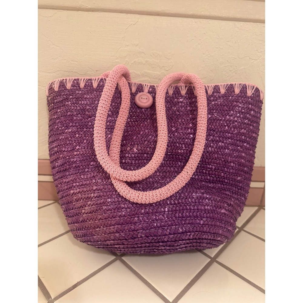 Giorgio Beverly Hills Purple Straw Tote Bag‎ Pink Accents Woven Purse